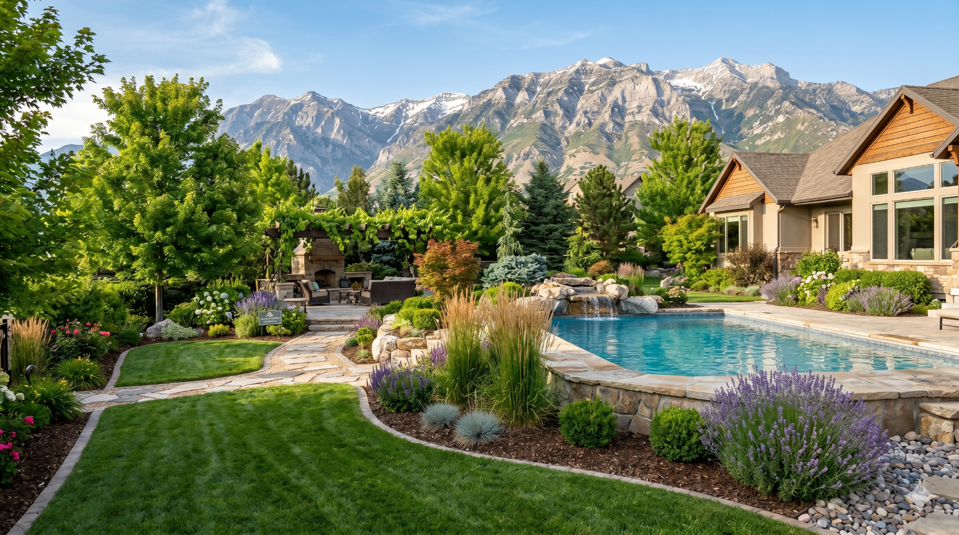 Beautiful landscaped backyard with pool and mountain view in Utah